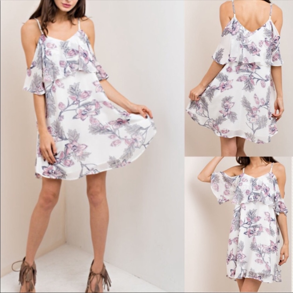 Floral Cold-Shoulder Midi Dress in White and Pink - Picture 2 of 4